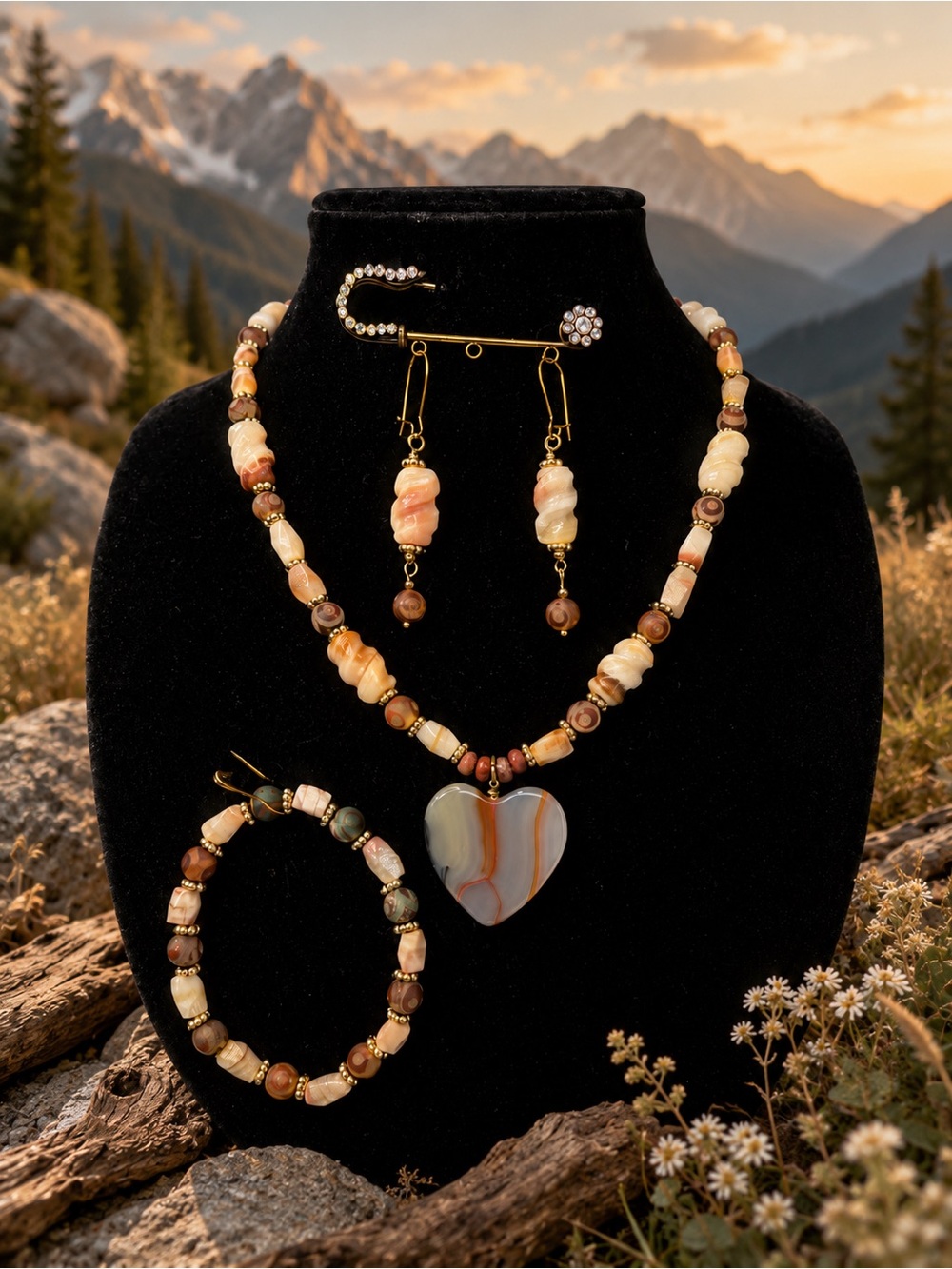Spiraled Calcite, Montana Agate & Dyed Agate Beads Necklace, Bracelet & Earrings